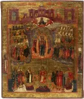 Icône fine avec le miracle du voile de la Mère de Dieu (Pokrov)