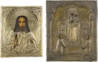 Dvě ikony s okladem: Kristus Pantokrator a Matka Boží „Radost všech zarmoucených“