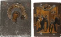 DEUX ICÔNES : APPARITION DE LA MÈRE DE DIEU DEVANT SAINT SERGE DE RADONÈGE ET MÈRE DE DIEU DE KAZAN AVEC OKLAD