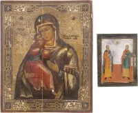 ZWEI IKONEN: PILGERIKONE MIT DEN HEILIGEN KOSMAS UND DAMIAN UND GOTTESMUTTER VON WLADIMIR (WLADIMIRSKAJA)