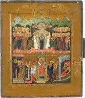 Icône de petit format avec le miracle du voile (Pokrov) en peinture miniature