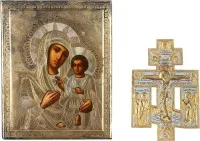 Petite icône de la Mère de Dieu de Tikhvine (Tikhvinskaïa) avec oklad en vermeil et croix de maison
