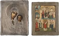 ZWEI KLEINE IKONEN: GOTTESMUTTER VON KASAN (KASANKSJA) MIT SILBER-OKLAD UND GOTTESMUTTER POKROW MIT BASMA