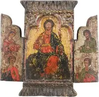 Velmi jemný triptych s trůnícím Kristem po boku Bohorodičky a Jana Předchůdce, jakož i svatých Jiřího a Demetria