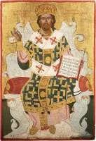 Icône importante avec le Christ trônant comme grand prêtre provenant d'une iconostase d'église