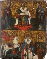Fine two-field icon with Deesis, Saint George slaying the dragon and Saints Spyridon and Catherine