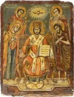 GROSSE IKONE MIT DEM THRONENDEN CHRISTUS FLANKIERT VON DER GOTTESMUTTER UND JOHANNES SOWIE DEN HEILIGEN GEORG UND DEMETRIOS