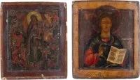 ZWEI IKONEN: FEINE IKONE MIT DER GOTTESMUTTER 'FREUDE ALLER LEIDENDEN' UND CHRISTUS PANTOKRATOR