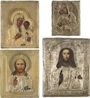 Quatre petites icônes avec oklad : images miraculeuses de la Mère de Dieu et Christ Pantocrator