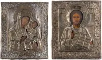 ZWEI IKONEN MIT OKLAD: CHRISTUS PANTOKRATOR UND GOTTESMUTTER 'IWERSKAJA'