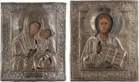 Dvě ikony s okladem: Kristus Pantokrator a Matka Boží 'Iverská'