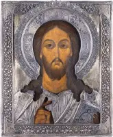 Velká ikona Krista Pantokratora s velmi jemným a masivním pozlaceným stříbrným okladem
