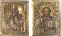 Dvě ikony s okladem: Matka Boží Kazaňská (Kazaňská) a Kristus Pantokrator