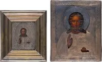 Dvě ikony se stříbrným okladem: Kristus Pantokrator