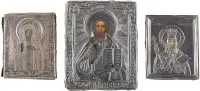 Tři miniaturní ikony se stříbrným okladem: Kristus Pantokrator a svaté Paraskeva a Eudokie