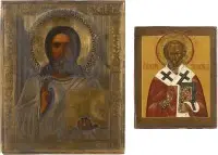 Dvě malé ikony: svatý Mikuláš z Myry a Kristus Pantokrator s okladem