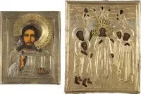 Dvě malé ikony s okladem: Kristus Pantokrator a Bohorodička Pokrov