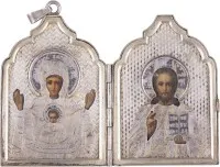 Diptyque miniature avec la Mère de Dieu du Signe (Znamenie) et le Christ Pantocrator avec oklad en argent