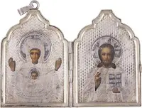 Miniaturní diptych s Matkou Boží Znamení (Znamenie) a Kristem Pantokratorem se stříbrným okladem