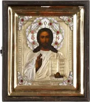 SEHR FEINE IKONE MIT CHRISTUS PANTOKRATOR MIT CLOISONNÉ-EMAIL-OKLAD IM KIOT