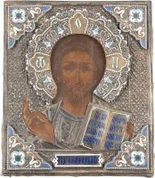 SELTENE IKONE MIT CHRISTUS PANTOKRATOR MIT CLOISONNÉ-EMAIL-OKLAD