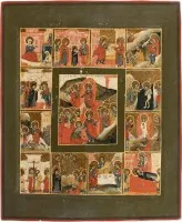 IKONE MIT DER AUFERSTEHUNG UND HÖLLENFAHRT CHRISTI MIT ZWÖLF HOCHFESTEN