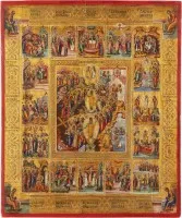 GROSSFORMATIGE IKONE MIT DER HÖLLENFAHRT UND AUFERSTEHUNG MIT 16 HOCHFESTEN DES ORTHODOXEN KIRCHENJAHRES UND DEN VIER EVANGELISTEN