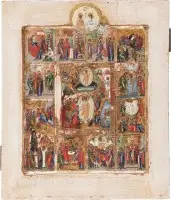 Icône signée de la Descente aux enfers et de la Résurrection du Christ avec douze grandes fêtes et la Sainte Trinité du Nouveau Testament