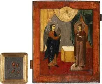 Deux icônes : Mère de Dieu « Iverskaja » avec oklad et Annonciation de la Mère de Dieu
