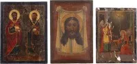Trois icônes : Annonciation de la Mère de Dieu, saints Côme et Damien et Mandylion