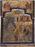 Rare partie centrale d'un triptyque avec la Nativité du Christ, la Transfiguration et l'Ascension