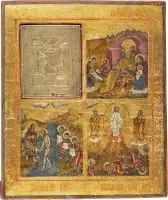Icône à quatre champs avec l'Annonciation, l'Adoration du Christ, le Baptême et la Transfiguration