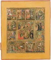 Fine icône de la Résurrection et des douze grandes fêtes de l'année liturgique orthodoxe