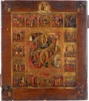 Fine icon with the descent into hell and resurrection, 16 great feasts of the Orthodox church year and the four evangelists