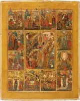 SIGNIERTE UND DATIERTE IKONE MIT DER HÖLLENFAHRT UND AUFERSTEHUNG MIT ZWÖLF HOCHFESTEN DES ORTHODOXEN KIRCHENJAHRES