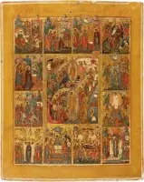 Icône signée et datée avec la descente aux enfers et la résurrection avec douze grandes fêtes de l'année liturgique orthodoxe