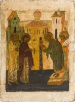 Icône de grand format et fine avec la présentation au temple provenant d'une iconostase d'église