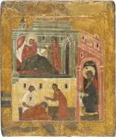 Icône de procession double face avec la naissance de Jean le Précurseur et la Mère de Dieu de Tikhvine (Tikhvinskaïa)