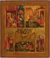 Grande icône à plusieurs champs avec la Nativité et la Décollation de Jean le Précurseur ainsi que la découverte miraculeuse de sa tête