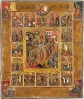 Icône de la résurrection et de la descente aux enfers du Christ avec seize grandes fêtes et les quatre évangélistes