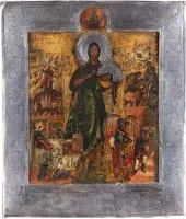 FEINE VITA-IKONE MIT DEM HEILIGEN JOHANNES DEM VORLÄUFER ALS ENGEL DER WÜSTE MIT SILBER-BASMA