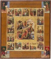Icoon van de nederdaling ter helle en de verrijzenis, de 16 hoogfeesten van het orthodoxe kerkjaar en de vier evangelisten