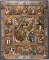 GROSSFORMATIGE IKONE MIT DER HÖLLENFAHRT UND AUFERSTEHUNG CHRISTI MIT 16 HOCHFESTEN DES ORTHODOXEN KIRCHENJAHRES UND DEN VIER EVANGELISTEN
