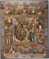 Icône grand format avec la descente aux enfers et la résurrection du Christ, 16 grandes fêtes de l'année liturgique orthodoxe et les quatre évangélistes