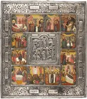 Icône de la Descente aux enfers et de la Résurrection du Christ avec douze grandes fêtes et basma en argent