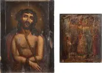 Deux icônes : grande icône datée et signée avec l'Ecce Homo et la Mère de Dieu Pokrov