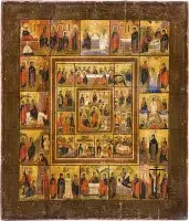 Grande icône de fête développée avec la Résurrection et la Descente aux enfers, le cycle de la Passion et 16 grandes fêtes