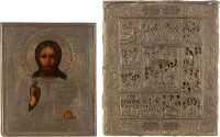 Deux icônes avec oklad : Christ Pantocrator et icône de fête