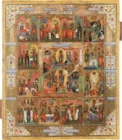 IKONE MIT DER HÖLLENFAHRT UND AUFERSTEHUNG MIT ZWÖLF HOCHFESTEN DES ORTHODOXEN KIRCHENJAHRES