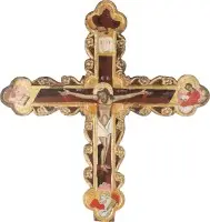 Croix monumentale d'iconostase avec la Crucifixion du Christ et le Tétramorphe